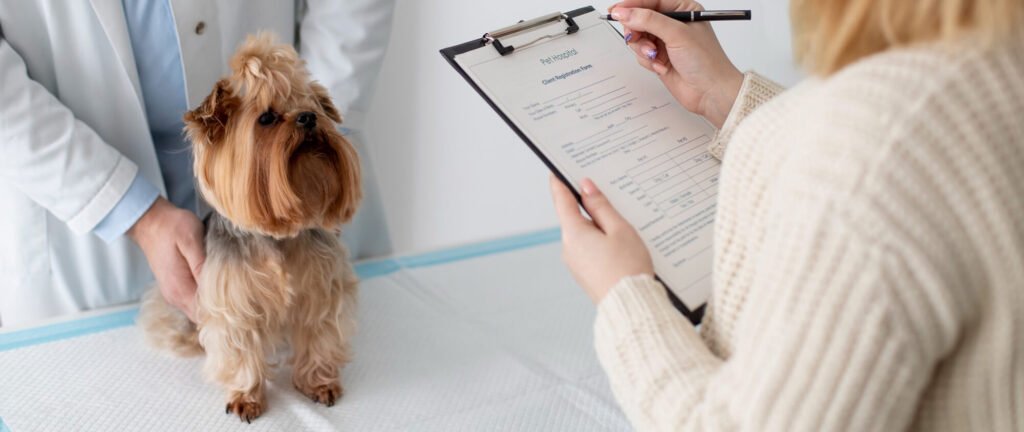 A pet owner fills out a registration form during a dog’s veterinary visit.