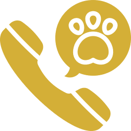 Gold veterinary call icon featuring a phone receiver and a paw print for pet care support.