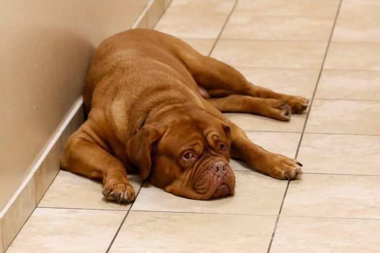 Dog lying on a tiled floor with a tired, relaxed expression.