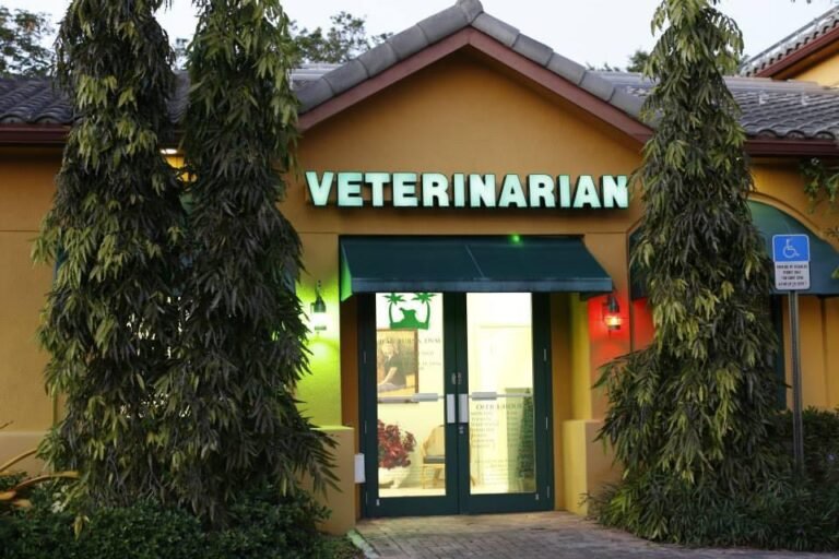 Exterior view of a veterinary clinic with green awnings and tall trees framing the entrance.