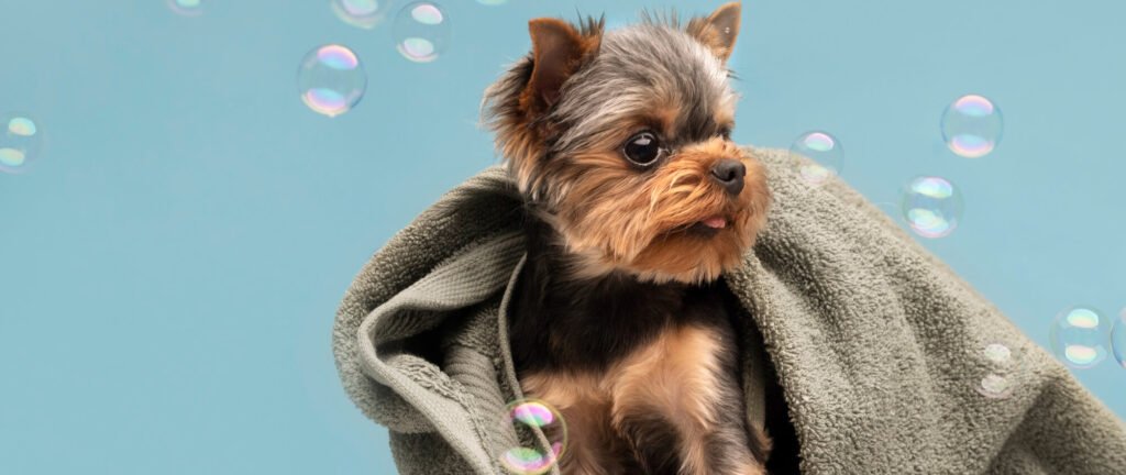 A freshly bathed puppy sitting in a towel with bubbles.
