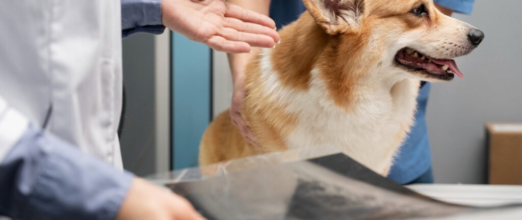 A vet discusses X-ray results as a corgi waits on the exam table.